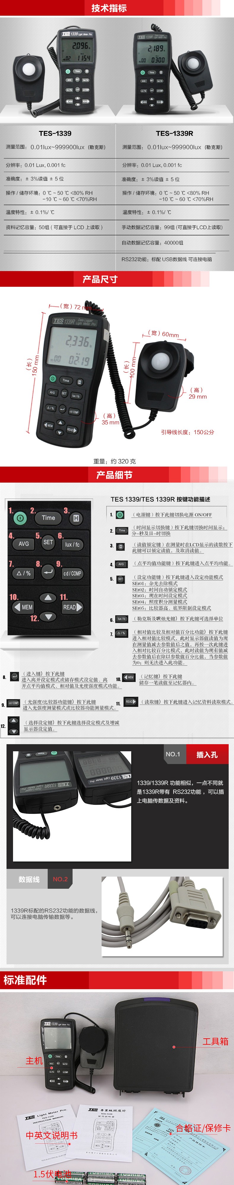 臺灣泰仕TES-1339R專業級照度計RS-232圖片2