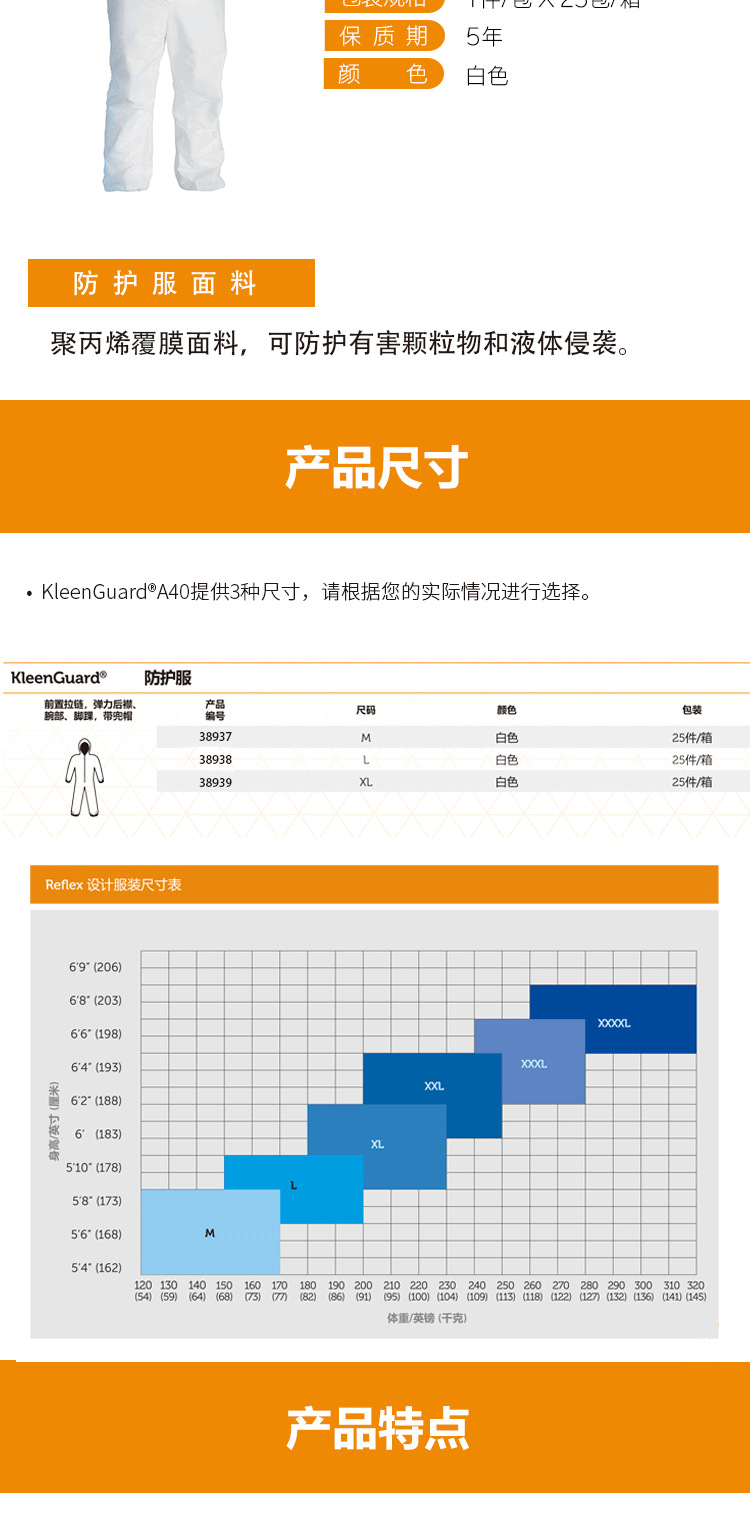 金佰利97910 KLEENGUARD勁衛(wèi)A40白色防護(hù)服M圖片2