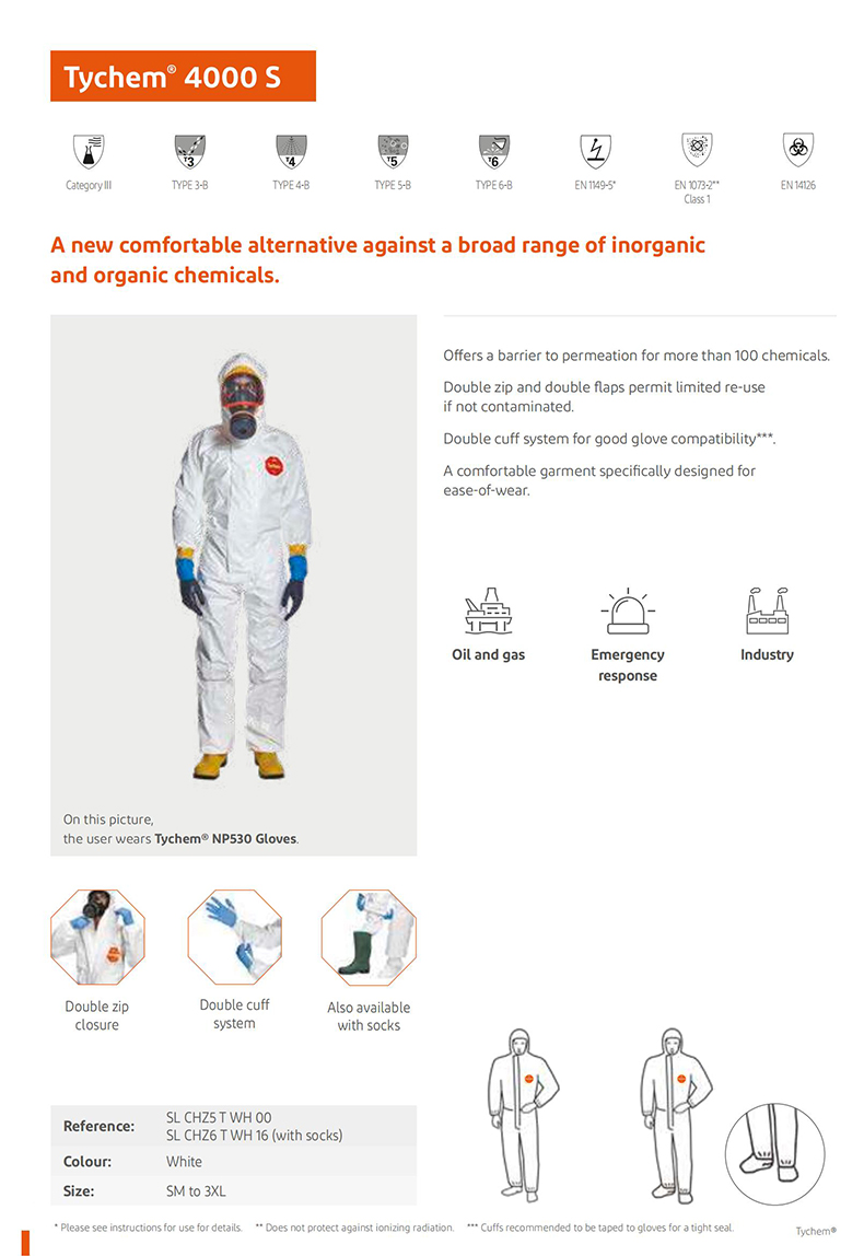 杜邦Tychem4000S帶帽連體防護服C級防化服SLCHZ5TWH00圖片1