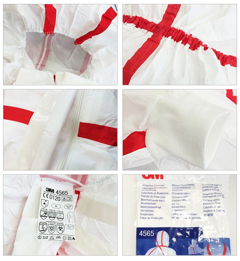 3M4565白色帶帽紅色膠條連體防護服細節(jié)圖片