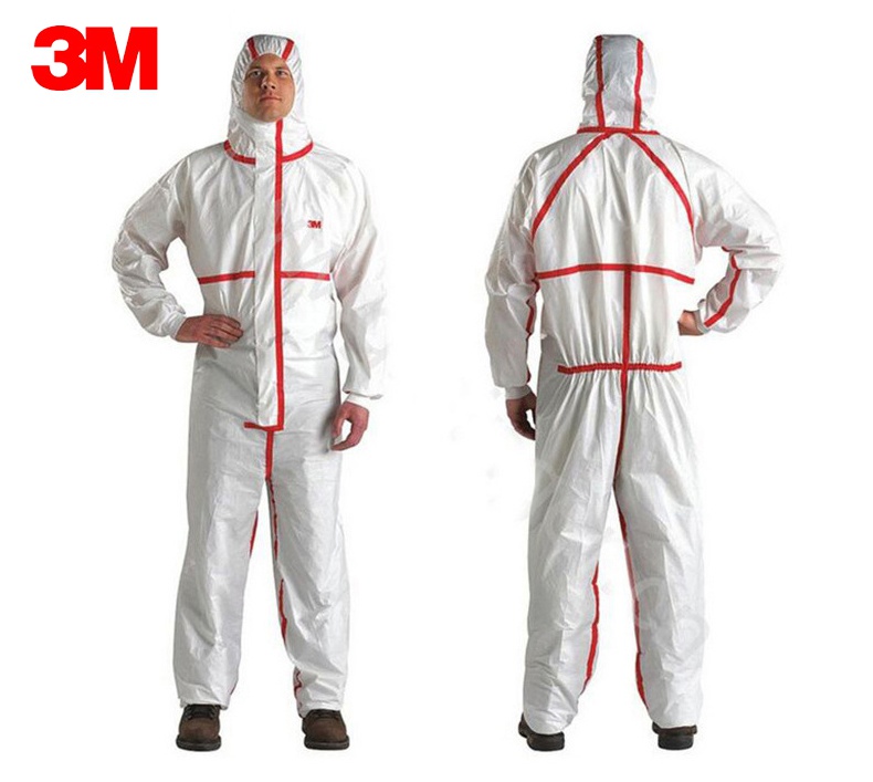 3M4565白色帶帽紅色膠條連體防護服圖片-正反面