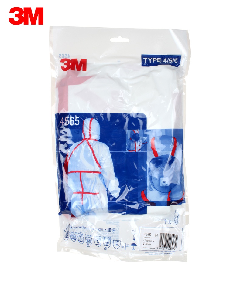 3M4565白色帶帽紅色膠條連體防護服包裝圖